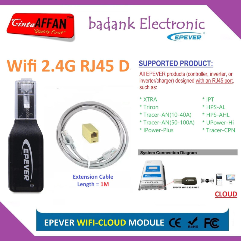 EPEVER WiFi 2.4G RJ45 D Module  Extension Cable for Tracer AN 50-100A